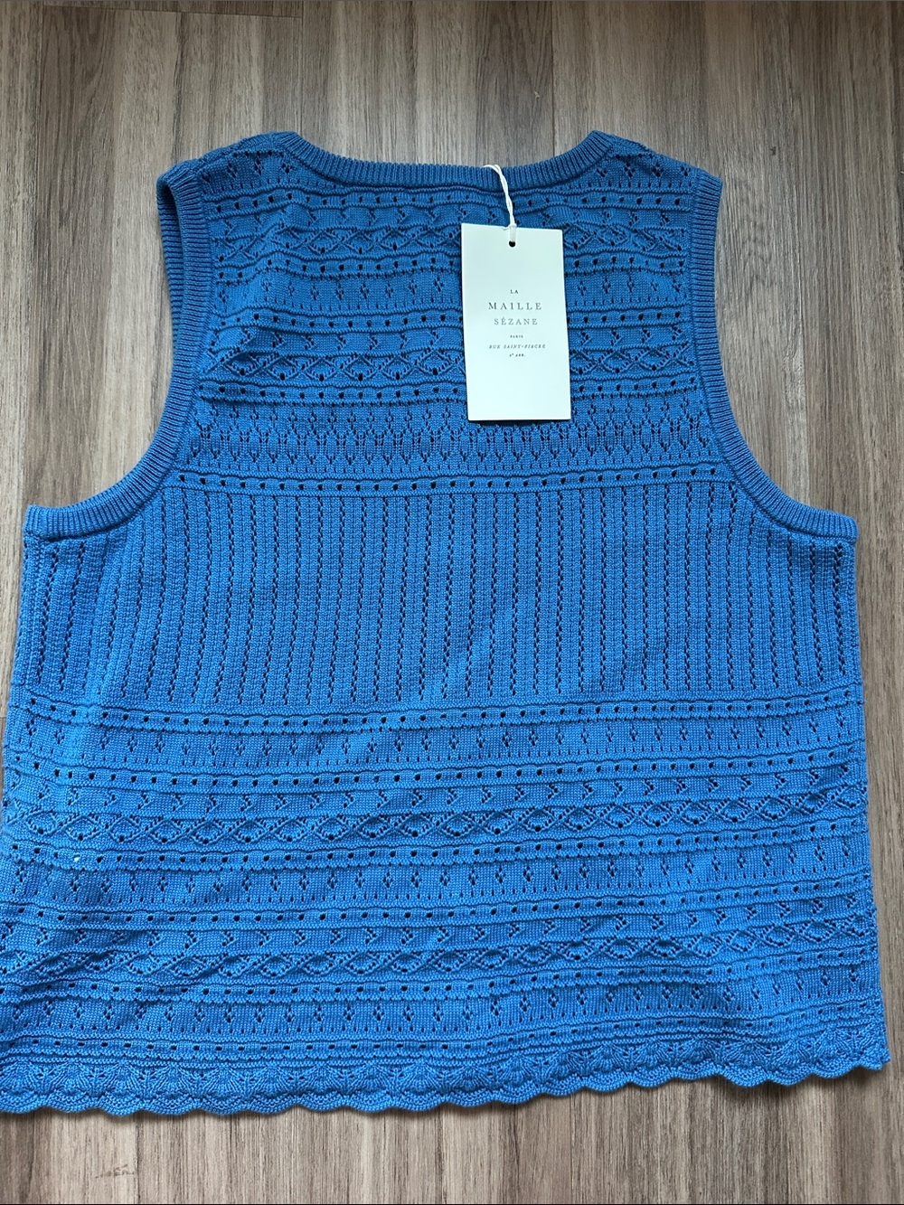 Sezane Cerulean Blue Crochet Knit Button-Front Shell - Picture 9 of 12